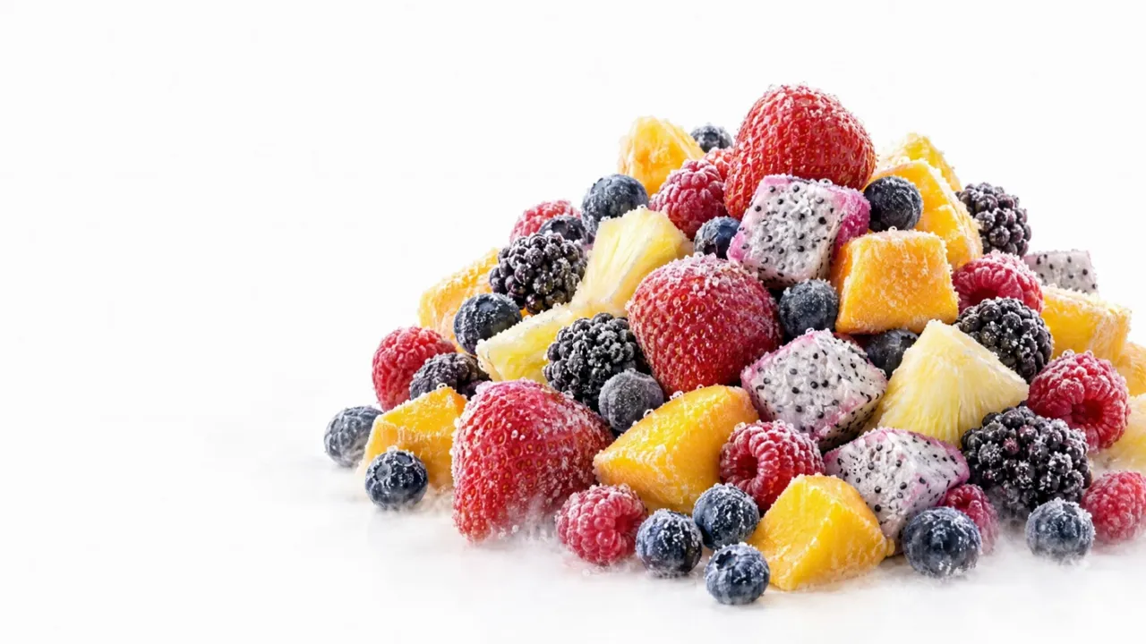 Frosty frozen mango, berries, pineapple and dragon fruit