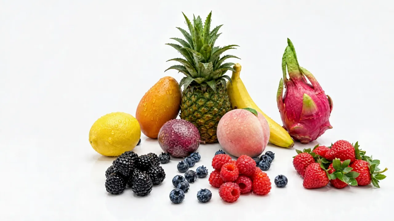 Lemon, mango, pineapple, peach, dragon fruit and berries with water droplets