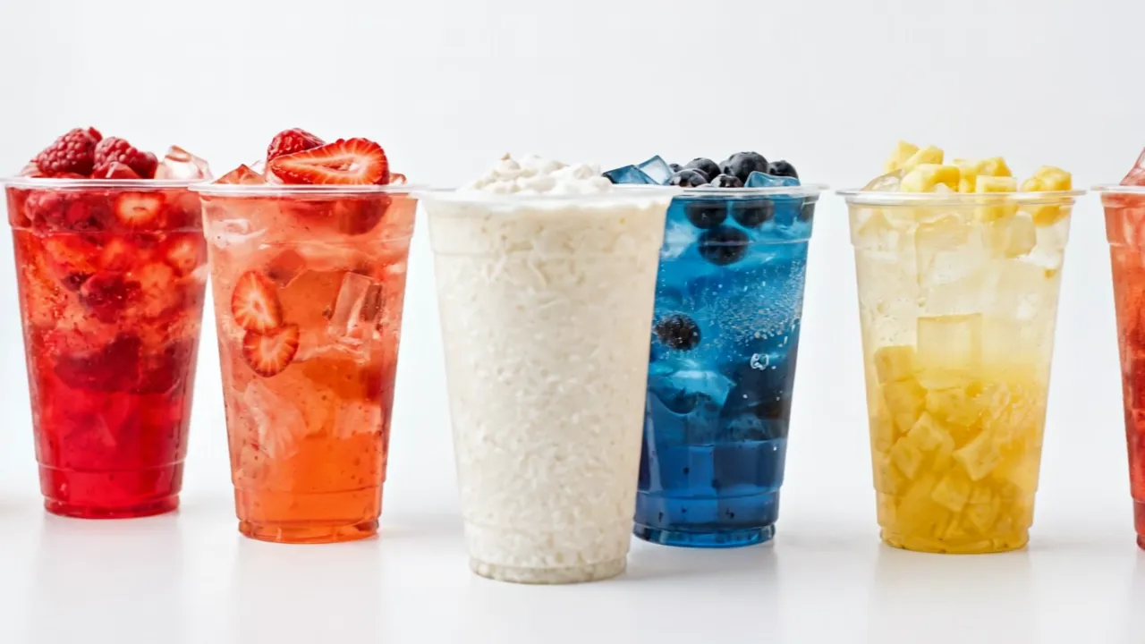 Fruit refreshers with ice and fruit pieces in clear cups